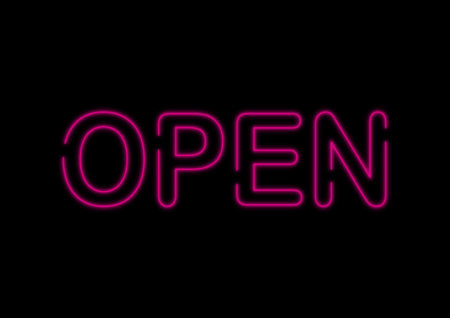 Open neon sign on black background.