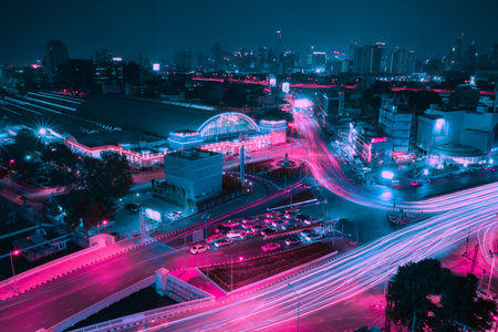 BANGKOK, THAILAND - OCTOBER 14, 2018 : Bangkok Railway Station(Hua Lamphong) is the main railway station in Bangkok, Thailand. Pink and blue neon lights.のeditorial素材