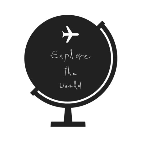 Explere the world hand lettering with airplane on earth globe background. Travel concept.のイラスト素材