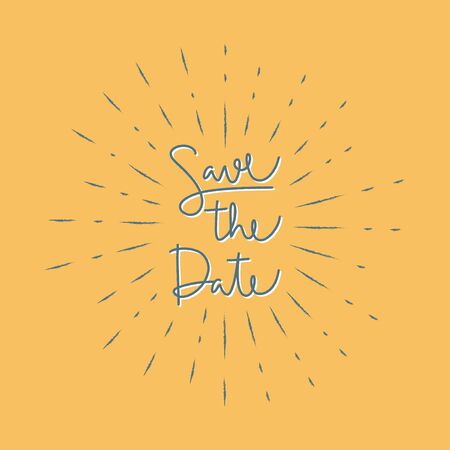 Save the date hand lettering with sunburst lines on yellow background.のイラスト素材