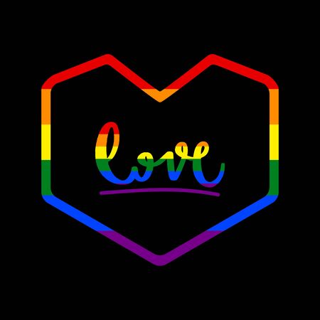 Love hand drawn lettering with heart icon. Greeting card with rainbow LGBT flag.のイラスト素材