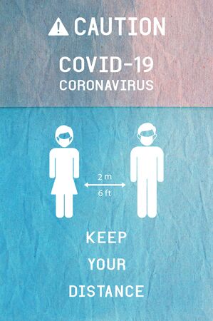 COVID-19 Coronavirus vector icon with social distance concept on blue crumpled paper.の写真素材