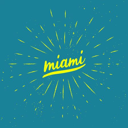 Miami hand lettering with yellow sunburst lines on blue background.のイラスト素材