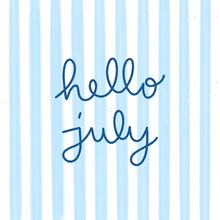 Hello July hand lettering with blue and white watercolor background.のイラスト素材