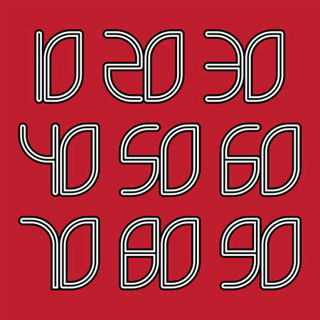 Set of numbers 10, 20, 30, 40, 50, 60, 70, 80, 90 with black and white typography design elements on red background.のイラスト素材