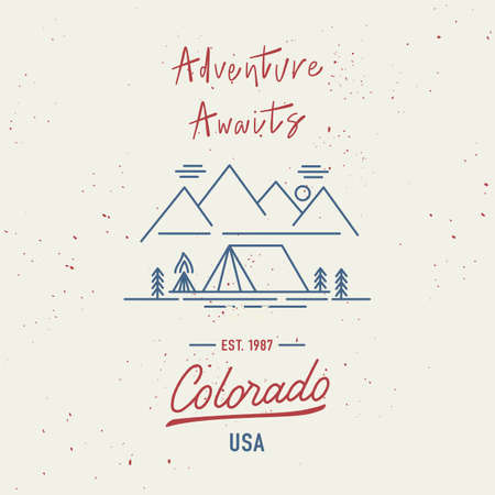 Adventure awaits with Colorado hand lettering. Travel concept with abstract watercolor splatters.のイラスト素材