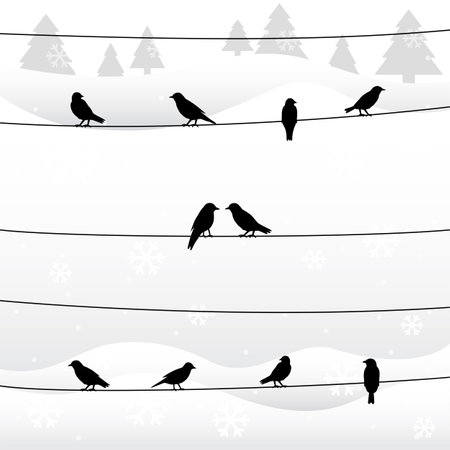 Silhouette of birds on wires in winter background. Vector illustration.のイラスト素材