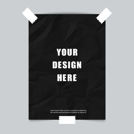 Poster mockup with black crumpled paper and tape on gray background. Vector illustration.のイラスト素材