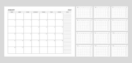 Calendar planner template for 2022 year. Week starts on Sunday with notes.のイラスト素材