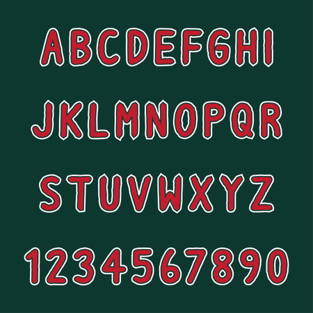 Red and white alphabet letters on green background. Uppercase letters and numbers.のイラスト素材