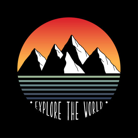 Explore the world hand lettering with mountains and sunset retro. Design for t-shirt prints, posters, stickers and other uses. Vector illustration.のイラスト素材