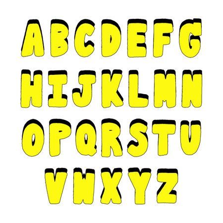 Black and yellow hand drawn alphabet on white background.のイラスト素材