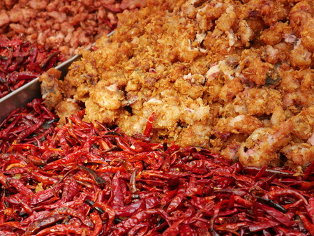 Deep-fried chicken and red chili, Street Food, Thailandの写真素材