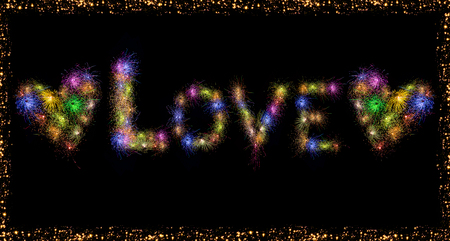 Love text and Heart shape made out of combining colorful firework images.の写真素材