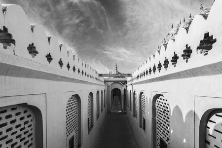 Beautiful Black and White Corridors of Hawa Mahal Palace (Palace of Winds) in Jaipur, Rajasthanの写真素材