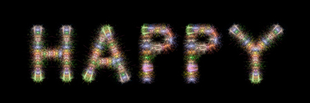 Happy text written with Colorful Sparkling Fireworks over black sky / backgroundの写真素材