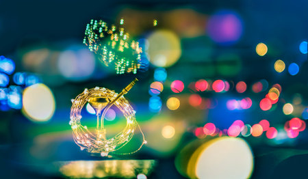 Beautiful abstract of bokeh effect of traffic / street through the car windshield at twilight for background, shallow depth of fieldの写真素材