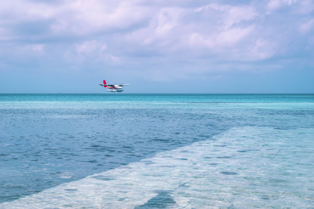 Seaplane laneding in sea at Maldives beach resort for holiday backgroundの写真素材