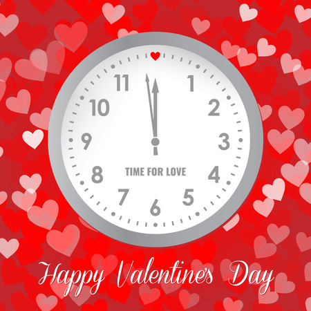 vector happy valentine's card with clock and red color background with small heartsのイラスト素材