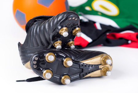 Professional soccer shoes with metal screws in the background sportswearの写真素材