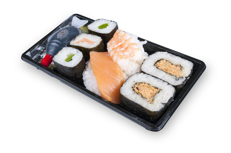 sushi box with assorted sushi pieces - path includedの写真素材