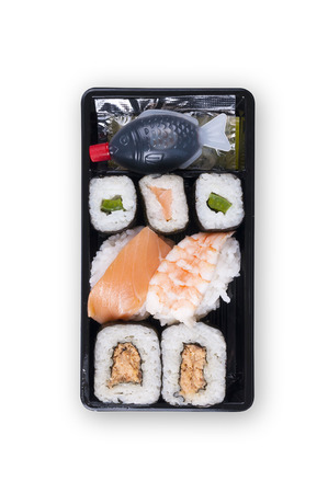 sushi box with assorted sushi pieces - path includedの写真素材