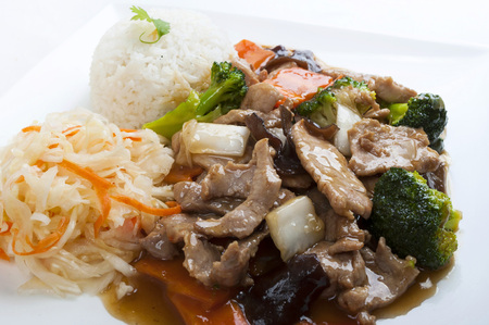 Pork with mun mushrooms and vegetables asian styleの写真素材
