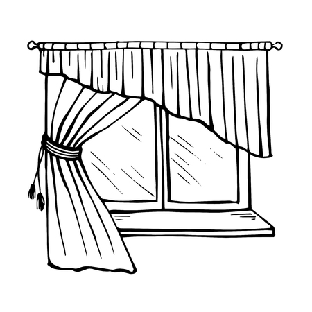 Painted beautiful window with sill tulle and curtains isolated on white backgroundのイラスト素材