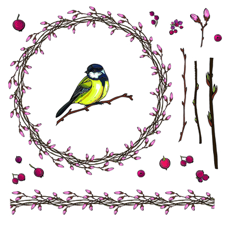 Floral spring wreath with a bright little birdのイラスト素材