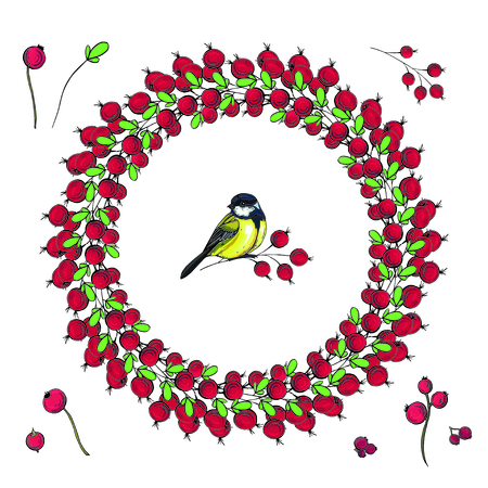 Bright vector floral wreath with leaves and berries isolated on white background.のイラスト素材