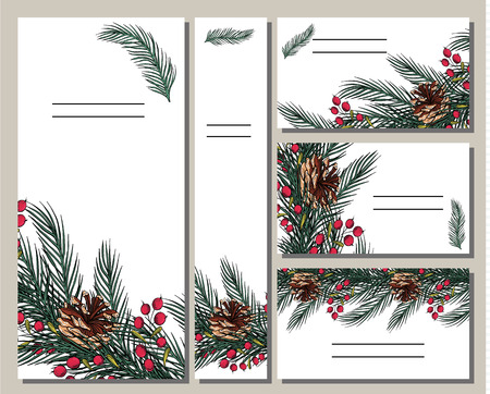 Vector bright floral set of cards with elements of tree branches and conesのイラスト素材