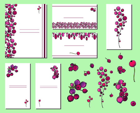 Vector bright floral set of postcards with elements of red currant berriesのイラスト素材