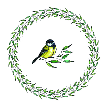 Vector bright floral wreath, leaves, berries, spring, isolated on white backgroundのイラスト素材