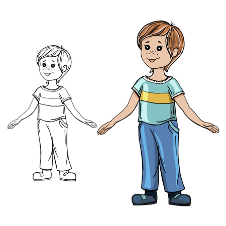 boy standing isolated, Funny cartoon character. Vector illustration. Isolated on white background. Coloring book. Color and black and white imageのイラスト素材