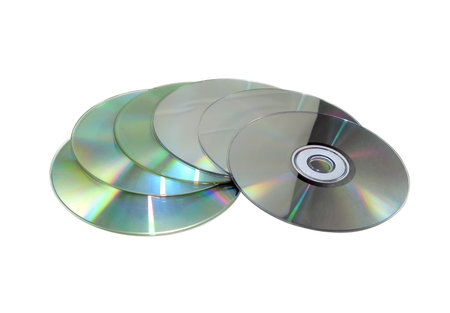 Laser disks are spread out by a semicircle and isolated on a white background