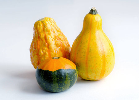 Group of 3 colorful, decorative gourds on a white table.