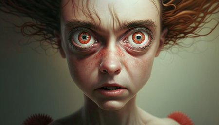 Scared girl with blood on her face. Close-up portraitの素材