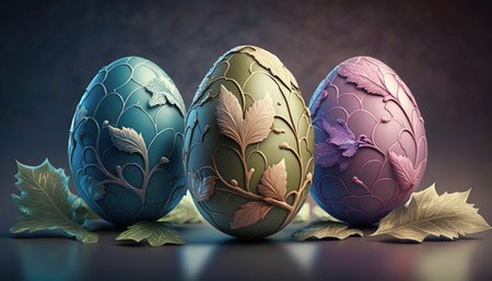AI generated image of Easter eggs with leaf decorations.の素材