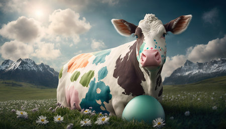 AI generated image of a colorful cow with easter egg in meadow.の素材