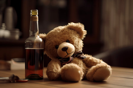 AI generated image of a drunk teddy bear at a pub.の素材