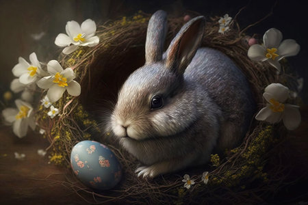 AI generated image of a cute Easter bunny in a nest with an Easter egg and flowers.の素材