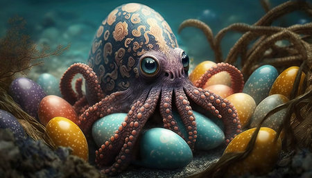 AI generated image of a colorful octopus with Easter eggs.の素材