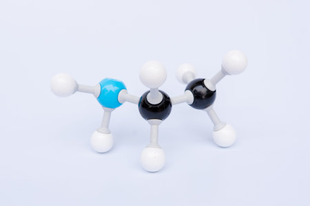 Ethanamine molecular structure isolated on white background. Chemical formula is C2H5NH2, Chemistry...