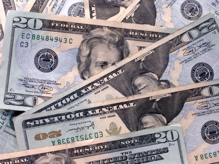 macro of scattered 20 dollar bills