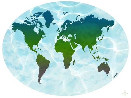 world map in oval with water and clouds