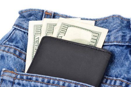 money and wallet in jeans pocketの写真素材