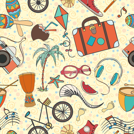 Summer seamless pattern can be used for wallpaper, website background, wrapping paper. Hand drawn vector summer symbols and objects. Travel colorful tropical holiday design. Summer vacation conceptのイラスト素材