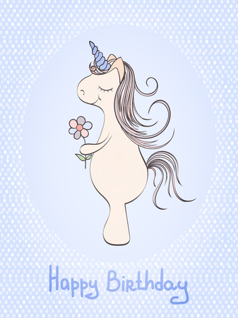 Hand drawn vector unicorn birthday card and which can be used for other holiday cards, invitation or website. Unicorn bright card. Holliday design. Birthday card conceptのイラスト素材