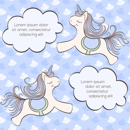Hand drawn vector unicorn birthday card and which can be used for other holiday cards, invitation or website. Unicorn bright card. Holliday design. Birthday card conceptのイラスト素材
