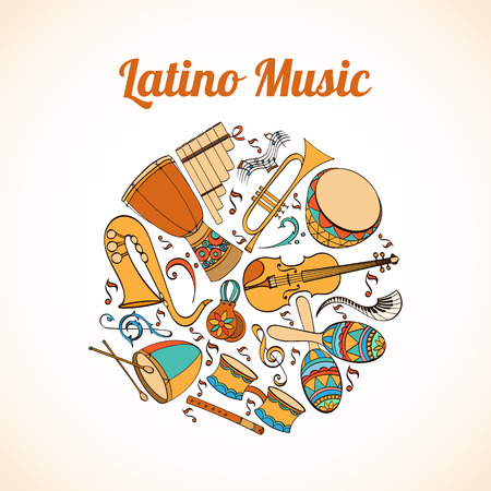 Salsa musical card. Invitation of Latino musical instruments. Latino background can be used as invitation card for wedding, birthday and other holiday and summer background. Vector illustration.のイラスト素材